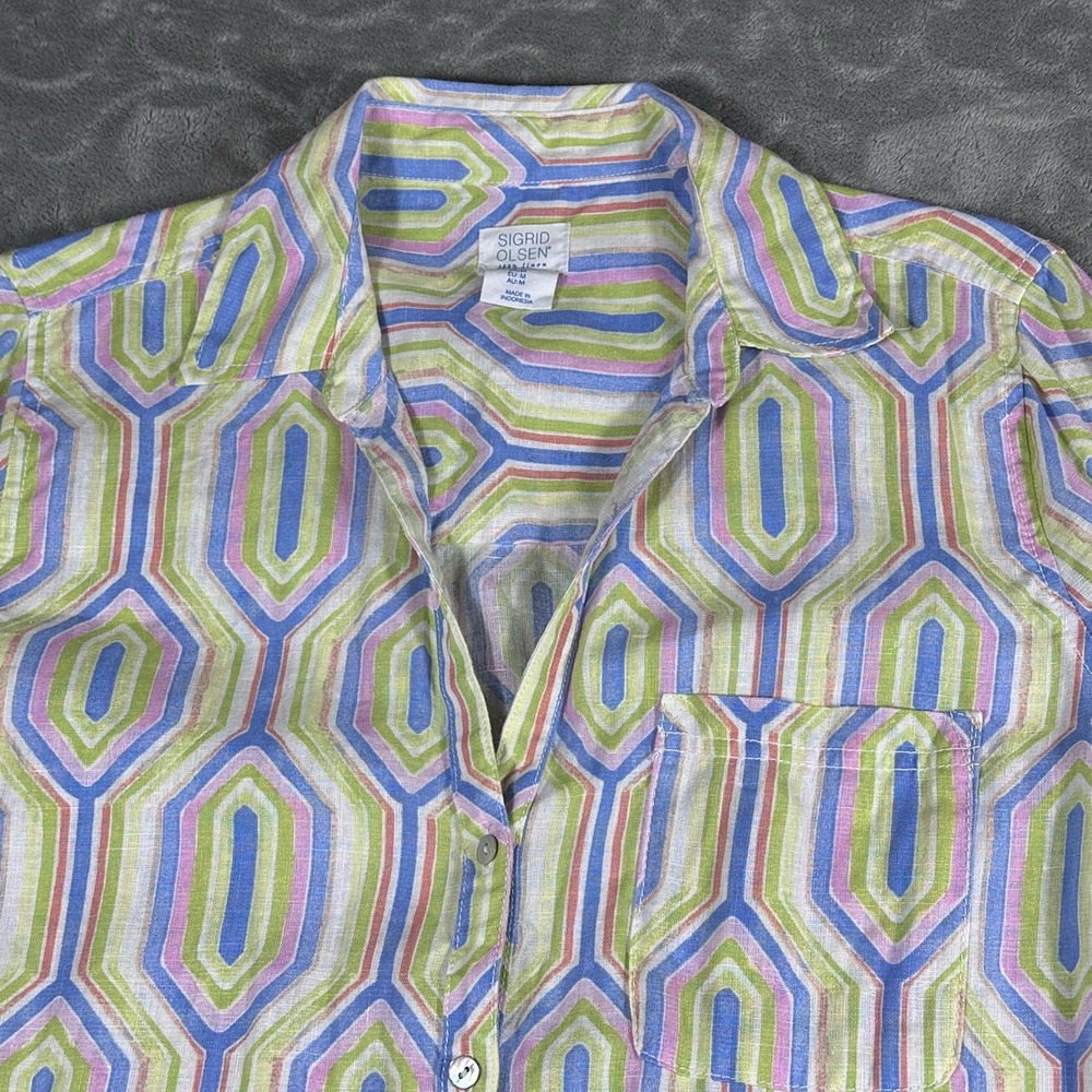 Sigrid Olsen Womens Medium Linen Button Down Shirt Geometric Roll Tab Multicolor